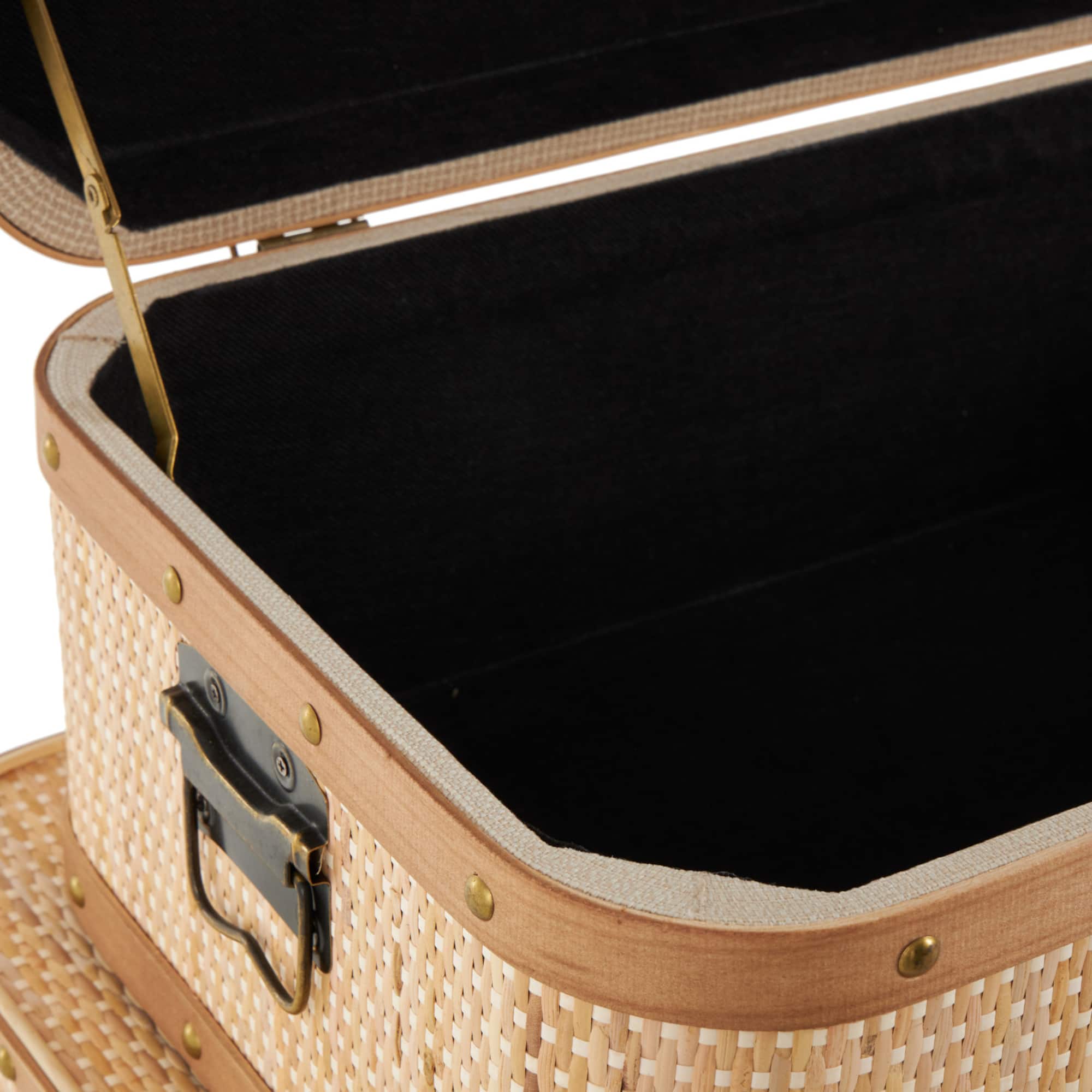 Light Brown Rattan Woven Decorative Trunk Set with Brass Metal Latches & Brown Wooden Accents